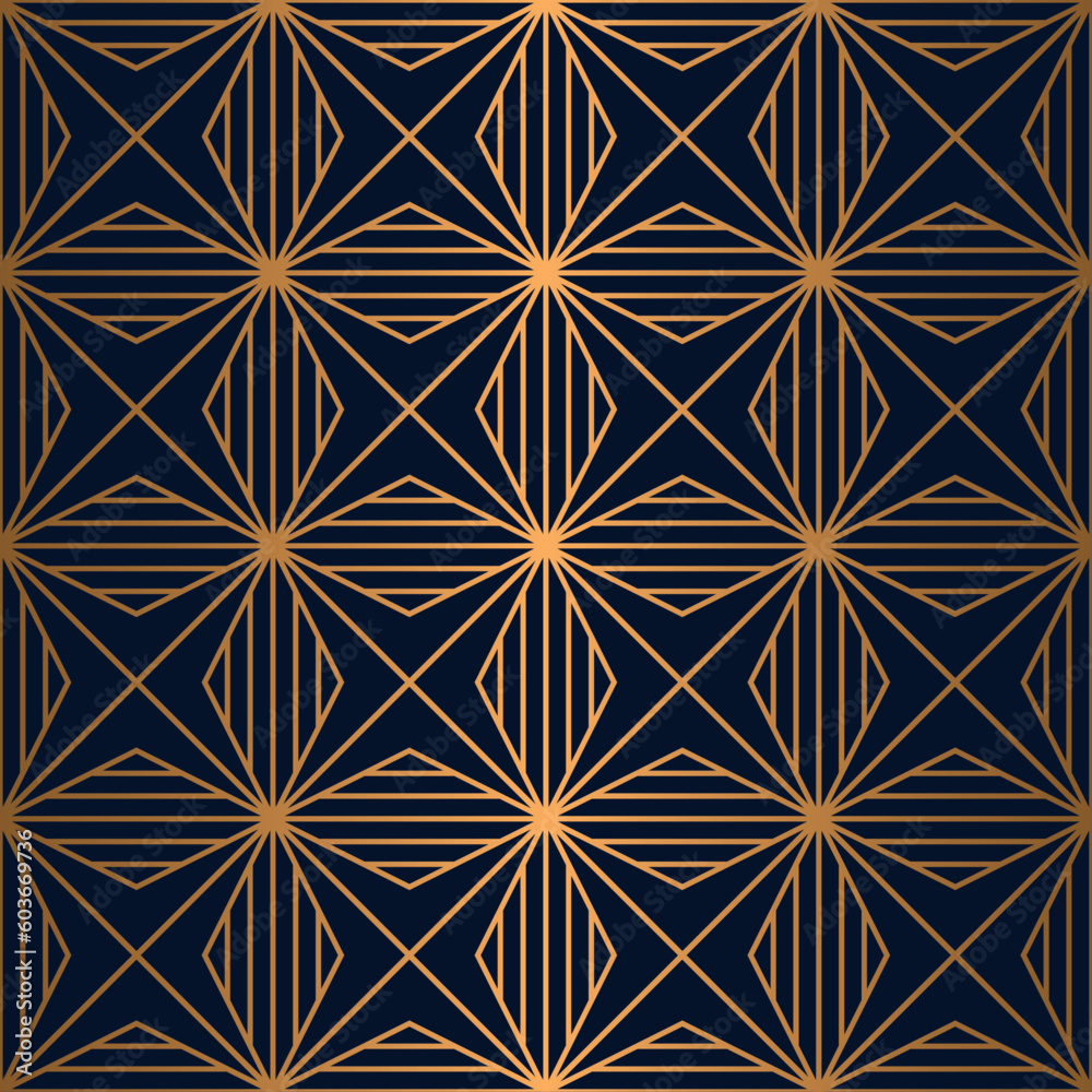 Art deco seamless pattern with gold cross and line on blue background, luxury wallpaper with geometric shape, vector illustration.