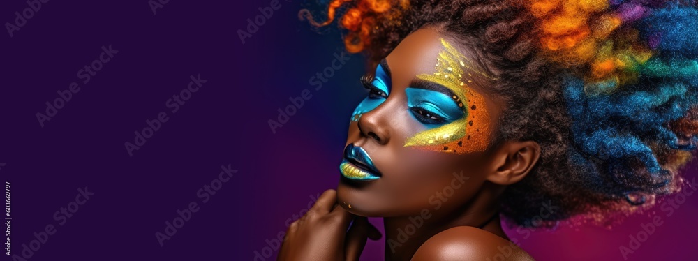Beauty portrait of a black woman with creative colorful makeup. Generative AI Beauty portrait of a black woman with creative colorful makeup. Generative AI