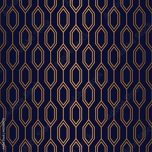 Seamless luxury  pattern  with golden hexagon grid line on blue  background, vector illustration.