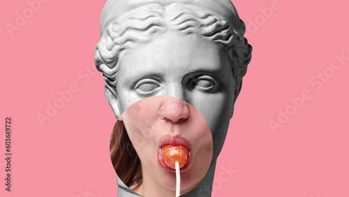 Stop motion, animation. Antique statue bust with female mouth part eating lollipop on pink background. Modern design. Contemporary art. Concept of creativity, emotions, humor, fun. Copy space for text