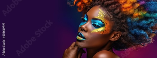 Beauty portrait of a black woman with creative colorful makeup. Generative AI