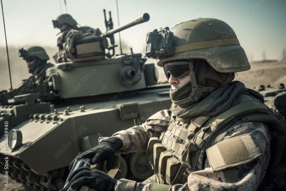 Well-equipped soldiers with tanks on the front line 