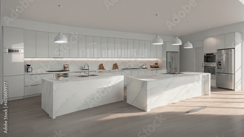 modern minimalist kitchen, wood floor, white marble counter tops, minimalist interior