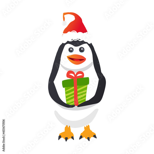 Cute Vector Penguin Wearing Santa Hat Bringing A Present (ID: 603670106)