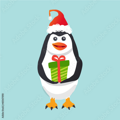 Cute Vector Penguin Wearing Santa Hat Bringing A Present (ID: 603670110)