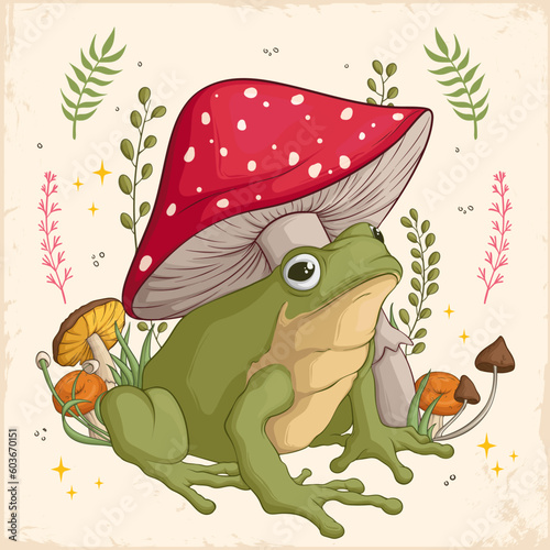 Hand drawn Cottagecore Aesthetic Goblincore Frog with Mushrooms and plants, Cottage core style frog