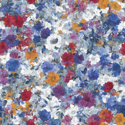 Flowers abstract illustration  seamless pattern. Created by a stable diffusion neural network.