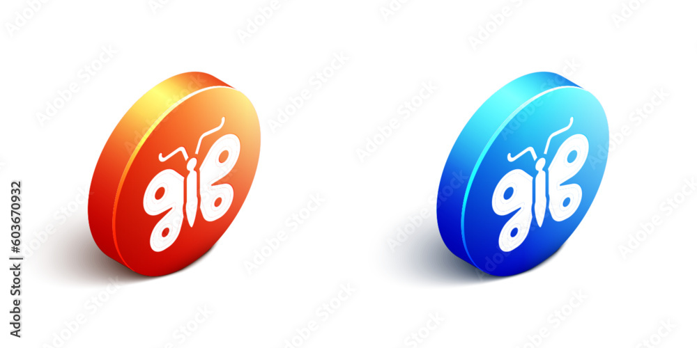 Obraz premium Isometric Butterfly icon isolated on white background. Orange and blue circle button. Vector