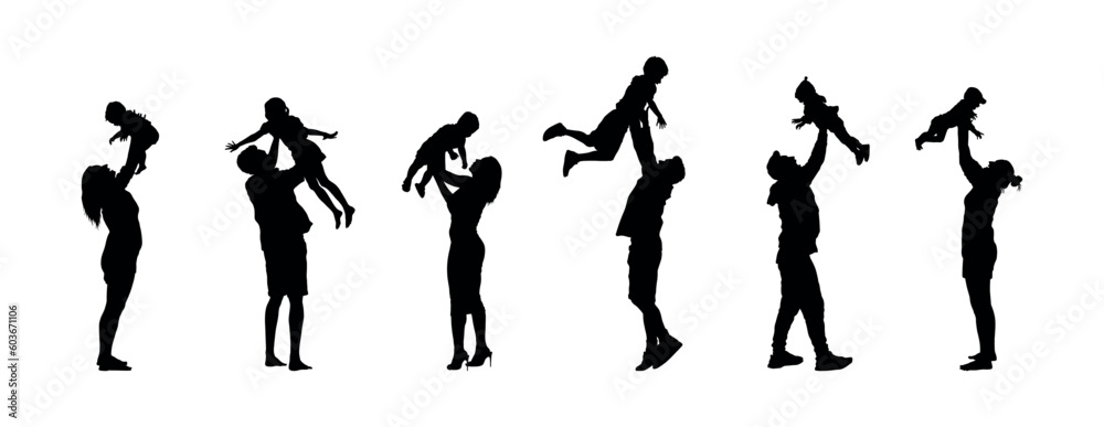 Group of moms and dads playful holding lifting baby child and kid vector silhouette set collection.