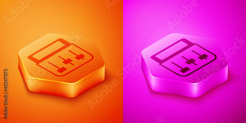 Isometric Drum machine music producer equipment icon isolated on orange and pink background. Hexagon button. Vector