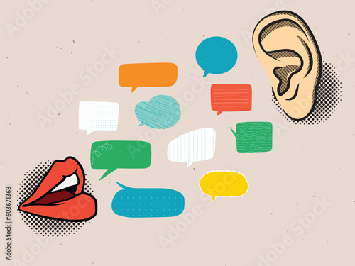 Communication concept - lips and ear. Speaking and listening. Vector illustration