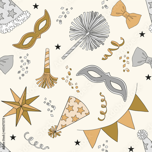 Happy New Year party accessories vector seamless pattern. Celebration decor background. Festive seasonal surface design for packaging, scrap book, card making