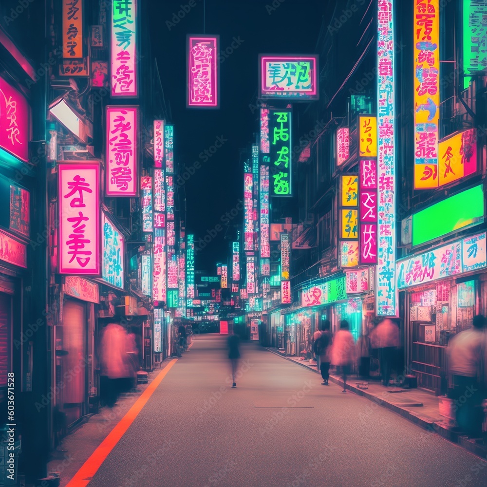 Photo of a bustling city street illuminated by colorful neon signs and filled with pedestrians created with Generative AI technology