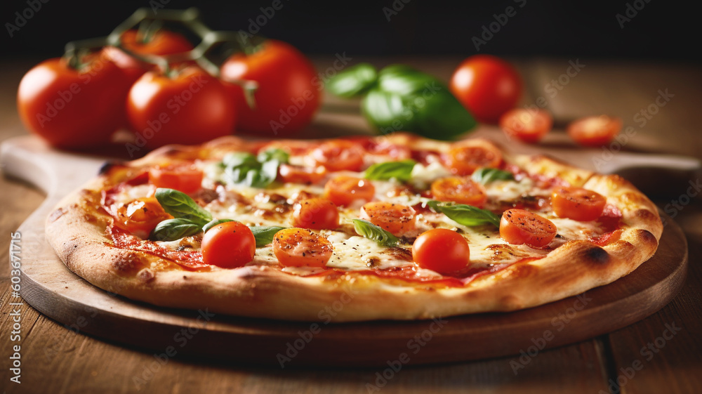 Une délicieuse pizza sur une table d'un restaurant avec du basilic, de la tomate et de la mozzarella.