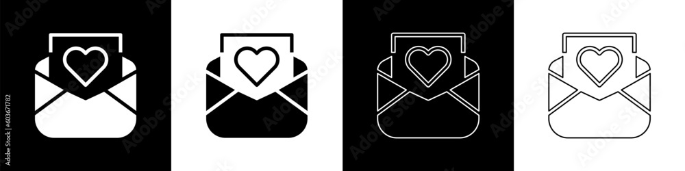 Set Envelope with Valentine heart icon isolated on black and white background. Message love. Letter love and romance. Vector Set Envelope with Valentine heart icon isolated on black and white background. Message love. Letter love and romance. Vector