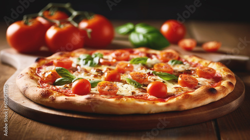 Une délicieuse pizza sur une table d'un restaurant avec du basilic, de la tomate et de la mozzarella.