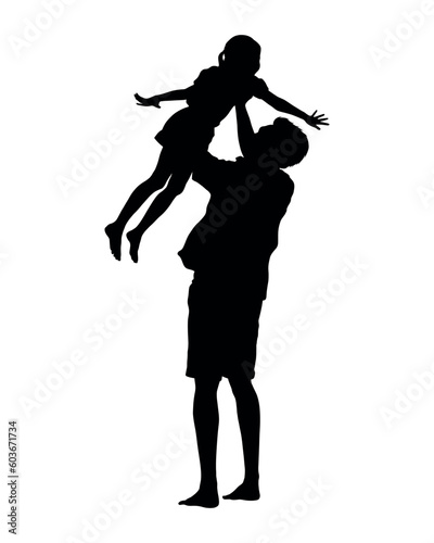 Father holding and lifting up his daughter black silhouette.