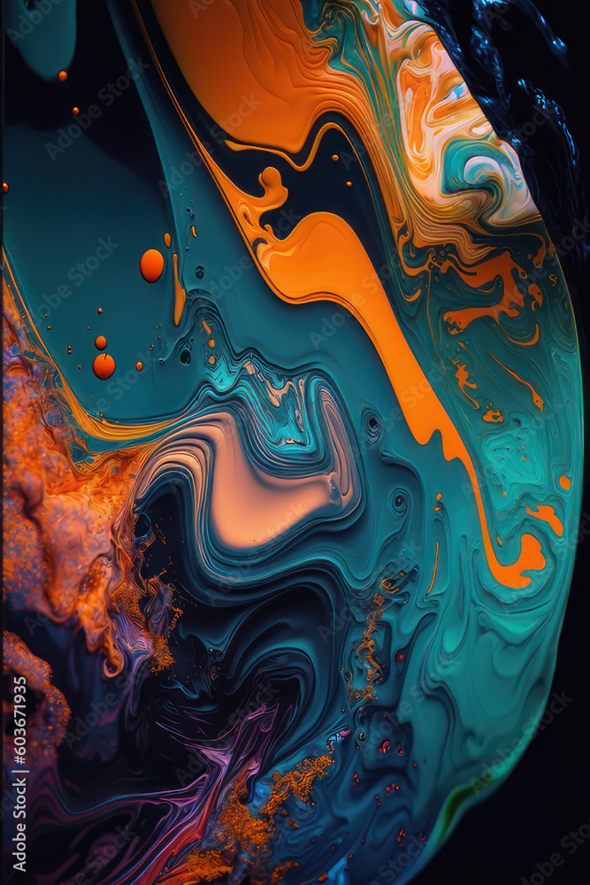 Abstract vertical background in fluid art style. Blue and yellow paints. AI generative.