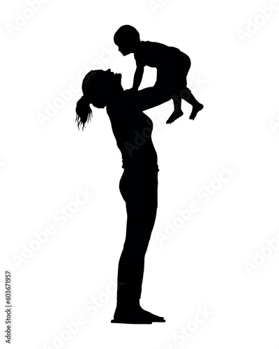 Happy mom lifting her toddler son up vector silhouette.