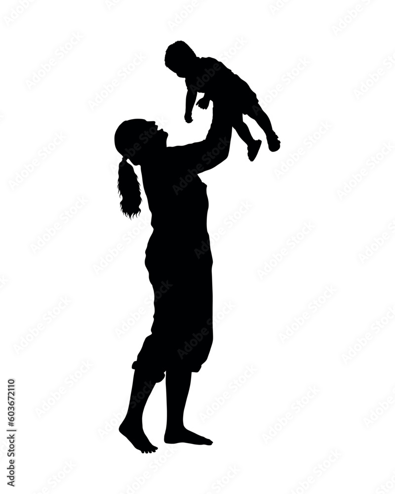 Mother lifting up her baby vector silhouette. Mom have fun playing with little son silhouette. Mother lifting up her baby vector silhouette. Mom have fun playing with little son silhouette.