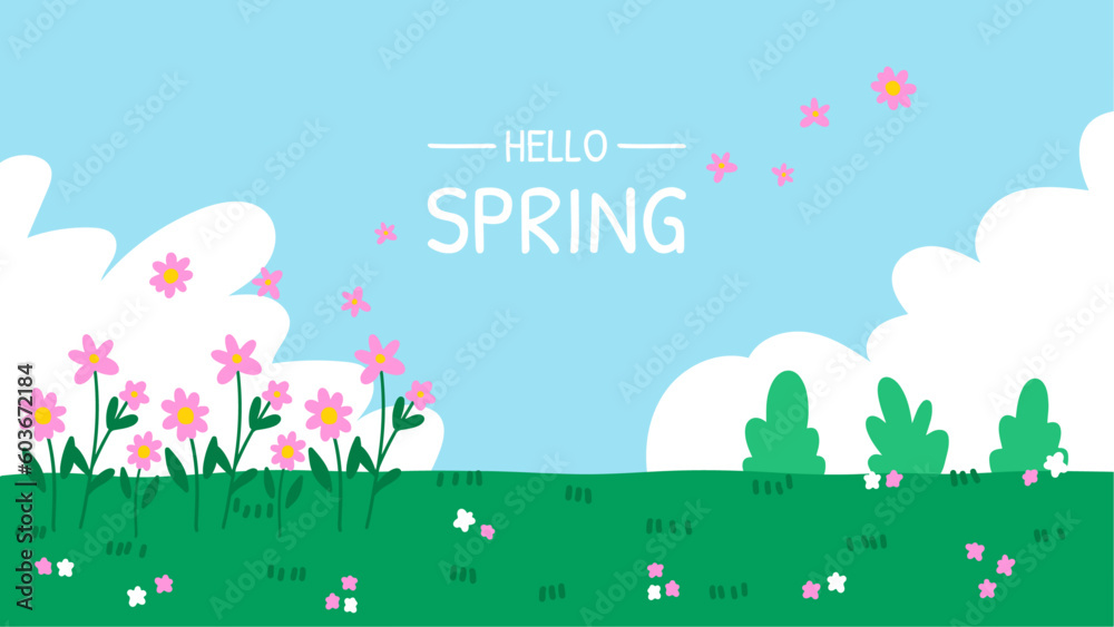 hand drawn spring wallpaper, flower background, green park illustration, happy may