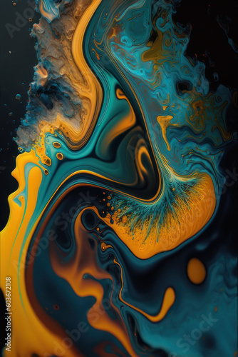 Abstract vertical background in fluid art style. Blue and yellow acrylic paint. AI generative.