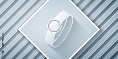 Paper cut Diamond engagement ring icon isolated on grey background. Paper art style. Vector