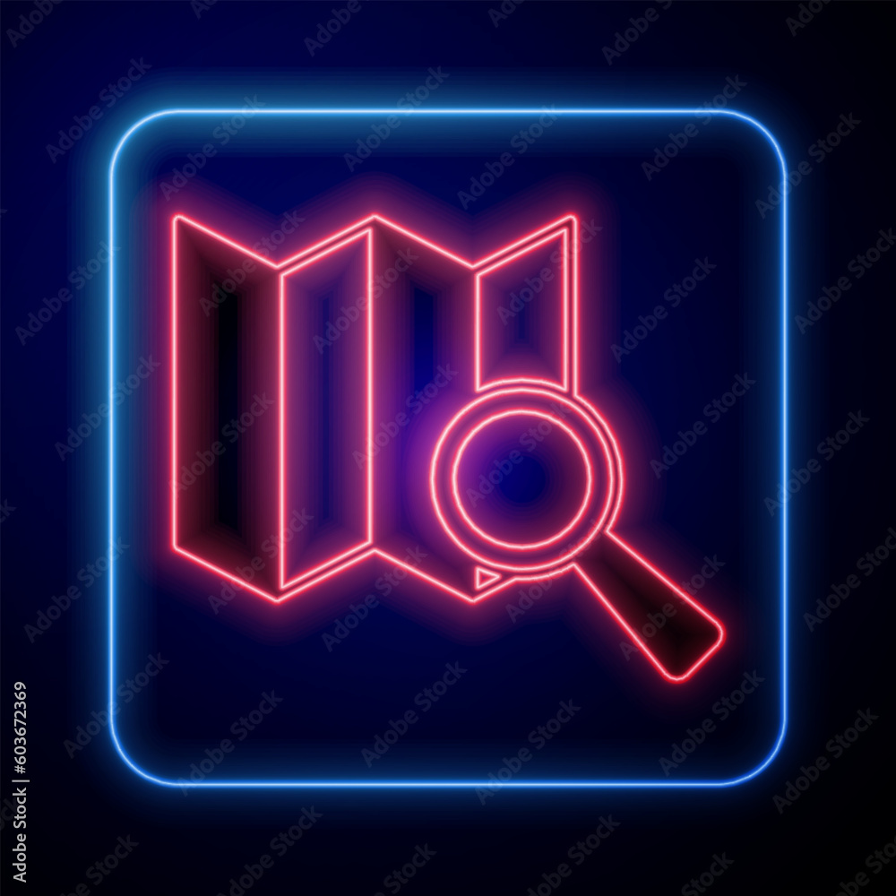 Glowing neon Search location icon isolated on black background. Magnifying glass with pointer sign. Vector Glowing neon Search location icon isolated on black background. Magnifying glass with pointer sign. Vector