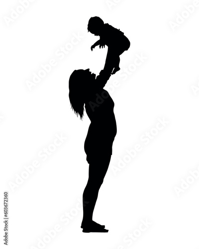 Woman holding and lifting a baby up high in the air black silhouette.