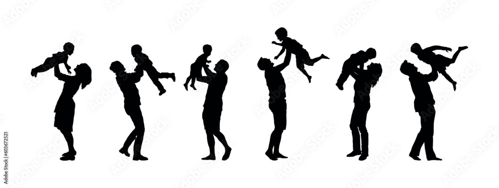 Group of parents lifting up child set silhouette. Father and mother have fun lifting kids up in the air silhouette. Group of parents lifting up child set silhouette. Father and mother have fun lifting kids up in the air silhouette.