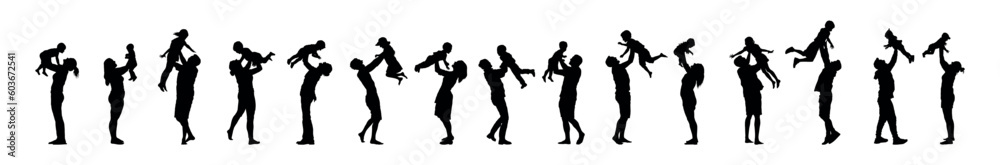 Group of parents father and mother have fun lifting their baby kids up in the air silhouette set collection.