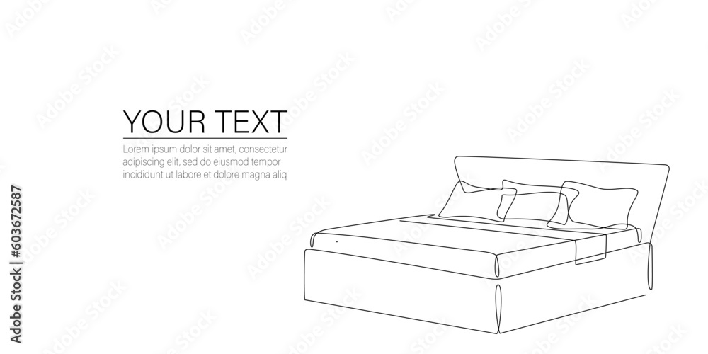 Continuous line drawing of bed with place for text. One line drawing of interior of bedroom with furniture. Double bed for hotel, apartment, flat, apartments. Single line doodle vector illustration Continuous line drawing of bed with place for text. One line drawing of interior of bedroom with furniture. Double bed for hotel, apartment, flat, apartments. Single line doodle vector illustration