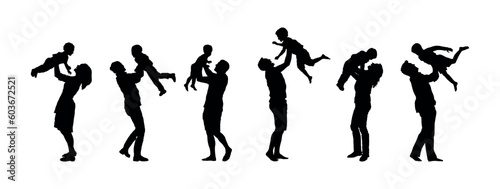 Group of parents lifting up child set silhouette. Father and mother have fun lifting kids up in the air silhouette.