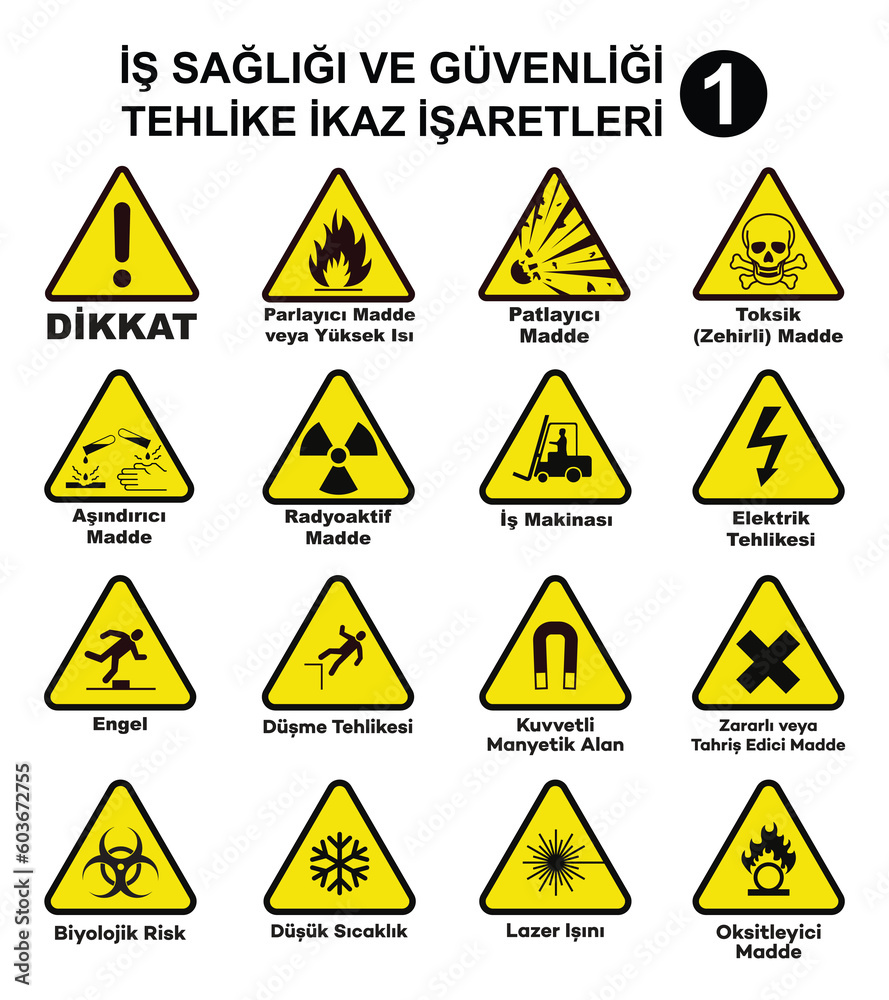 Occupational Health and Safety Hazard Warning Signs Vector Set 1. Translate: Is Sagligi ve Guvenligi Tehlike Ikaz Isaretleri Vektör Set 1 (Turkce). Occupational Health and Safety Hazard Warning Signs Vector Set 1. Translate: Is Sagligi ve Guvenligi Tehlike Ikaz Isaretleri Vektör Set 1 (Turkce).