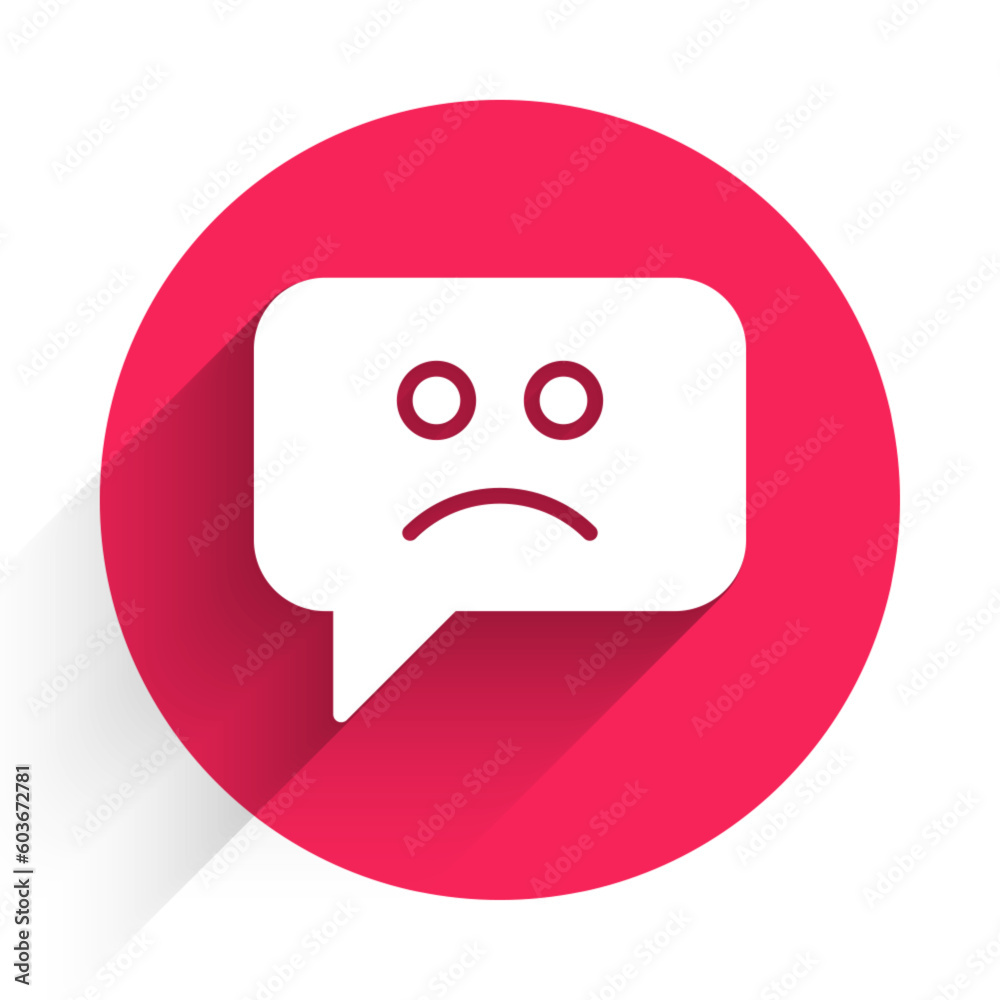 White Sad smile icon isolated with long shadow background. Emoticon face. Red circle button. Vector White Sad smile icon isolated with long shadow background. Emoticon face. Red circle button. Vector