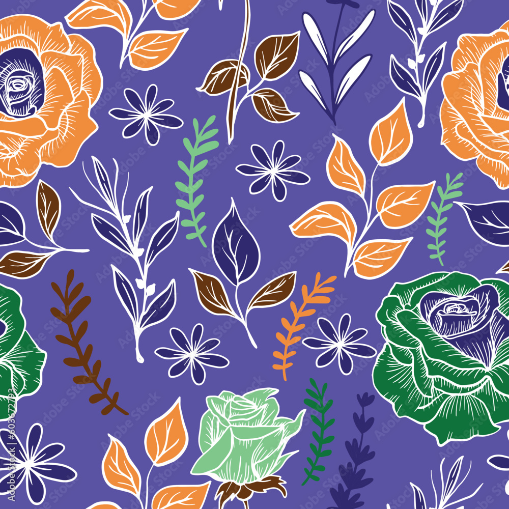 Floral seamless pattern of greenery leaves and flowers with orange, green, and pink on a blue background