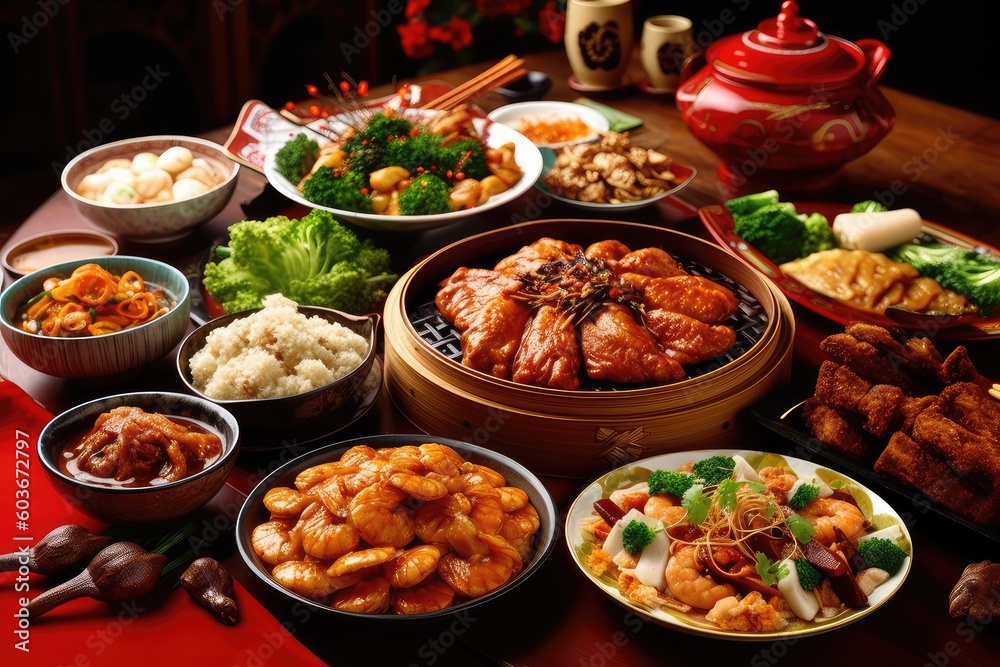 Chinese new year festival table over red background. Traditional lunar new year food. AI Generated