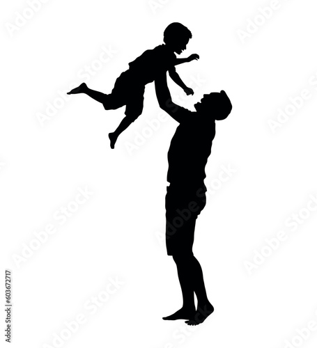 Father lifting his little son flat vector silhouette.