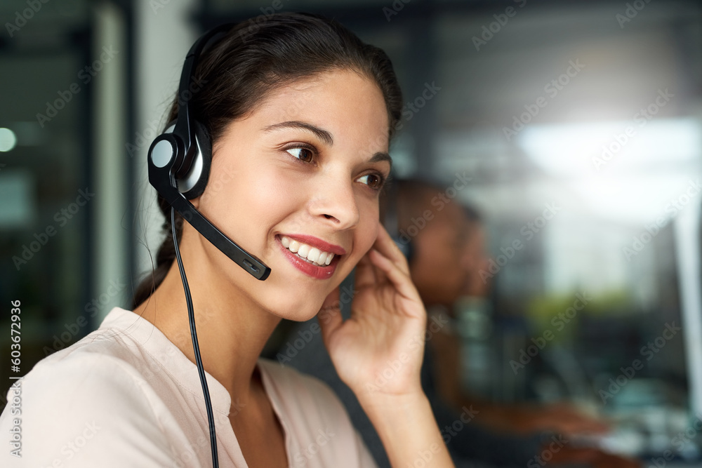 Call center, woman and consultant with contact us, crm and customer service job with smile. Phone help, sale and web advice employee with happiness from telemarketing and work in office mockup Call center, woman and consultant with contact us, crm and customer service job with smile. Phone help, sale and web advice employee with happiness from telemarketing and work in office mockup