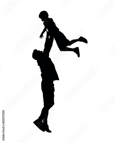 Man lifting his son up high in the air black silhouette.