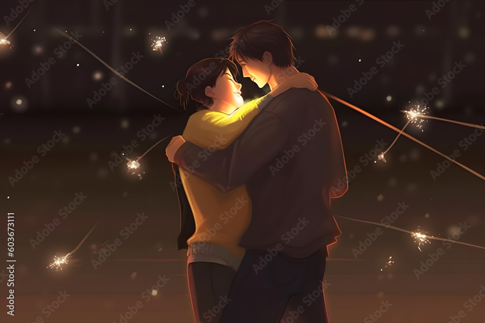 Romantic Night Under the Stars and moon Couple Shares an Intimate Kiss ...
