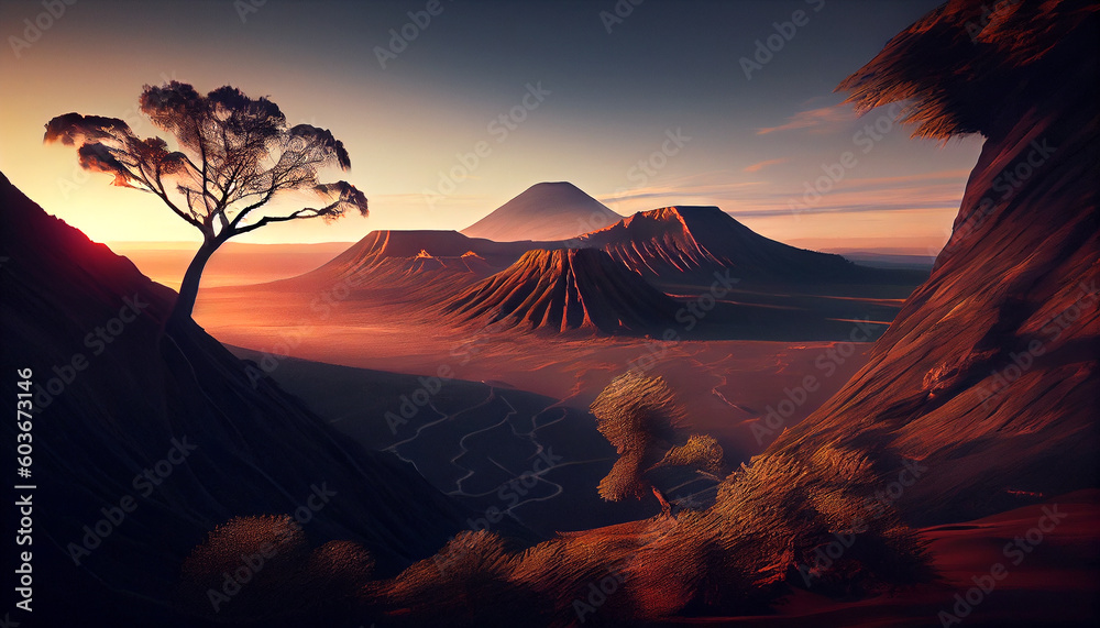A captivating illustration capturing the majestic beauty of Mount Bromo, an iconic volcanic peak in Indonesia, generative ai