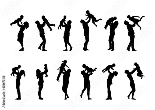 Set silhouettes of group of parents playing and lifting up baby child and kid vector collection.