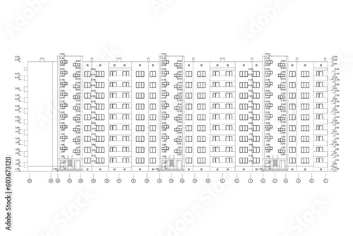 Vector architectural project of a multistory building facade