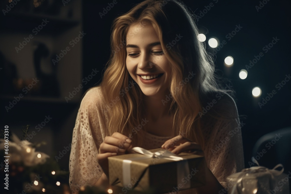portrait of beautiful white woman with Christmas holiday gift at home, dramatic fairy lights, created with Generative AI Technology