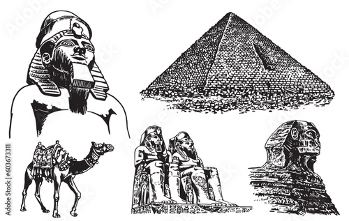 Graphical set of Egypt landmarks isolated on white, vector illustration. 