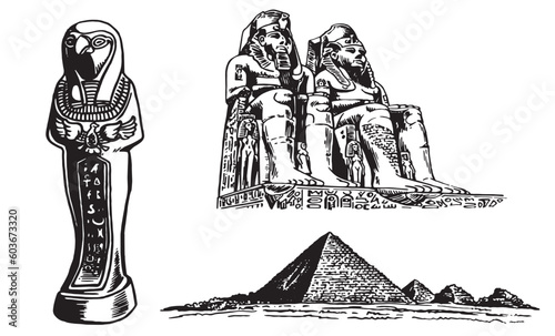 Graphical set of Egypt landmarks isolated on white, vector illustration. 