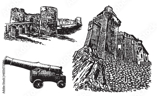 Graphical set of  fortresses and medieval gun isolated on white background. Vector illustration, architecture