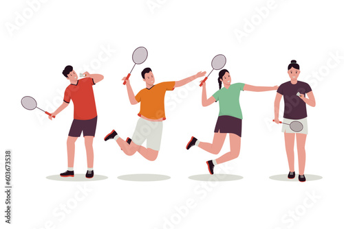 Badminton player vector illustration set. Illustration for website, landing page, mobile app, poster and banner. Trendy flat vector illustration