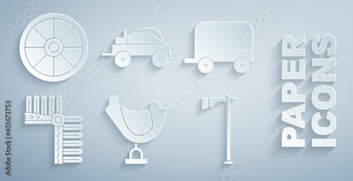 Set Wild west saddle, covered wagon, Indian headdress with feathers, Tomahawk axe, and Old wooden wheel icon. Vector